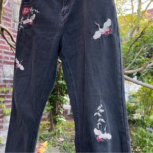 Unisex Embroidered seagulls and flowers on black denim jeans Tagged 10/38.